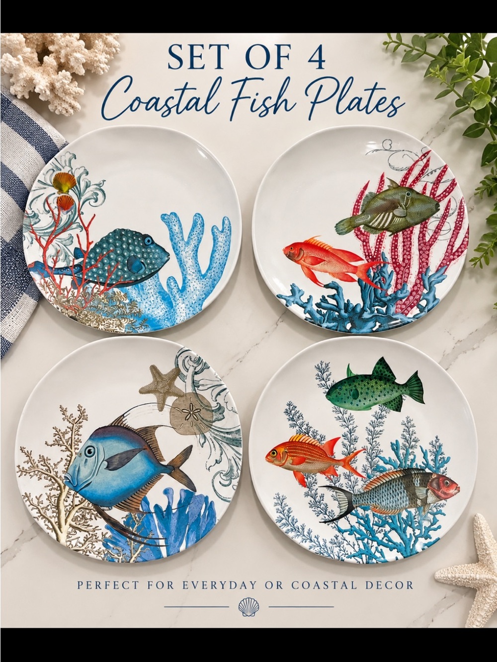 Michel design works melamine Coastal Fish Dinner Plates Set of 4 - Multicolor